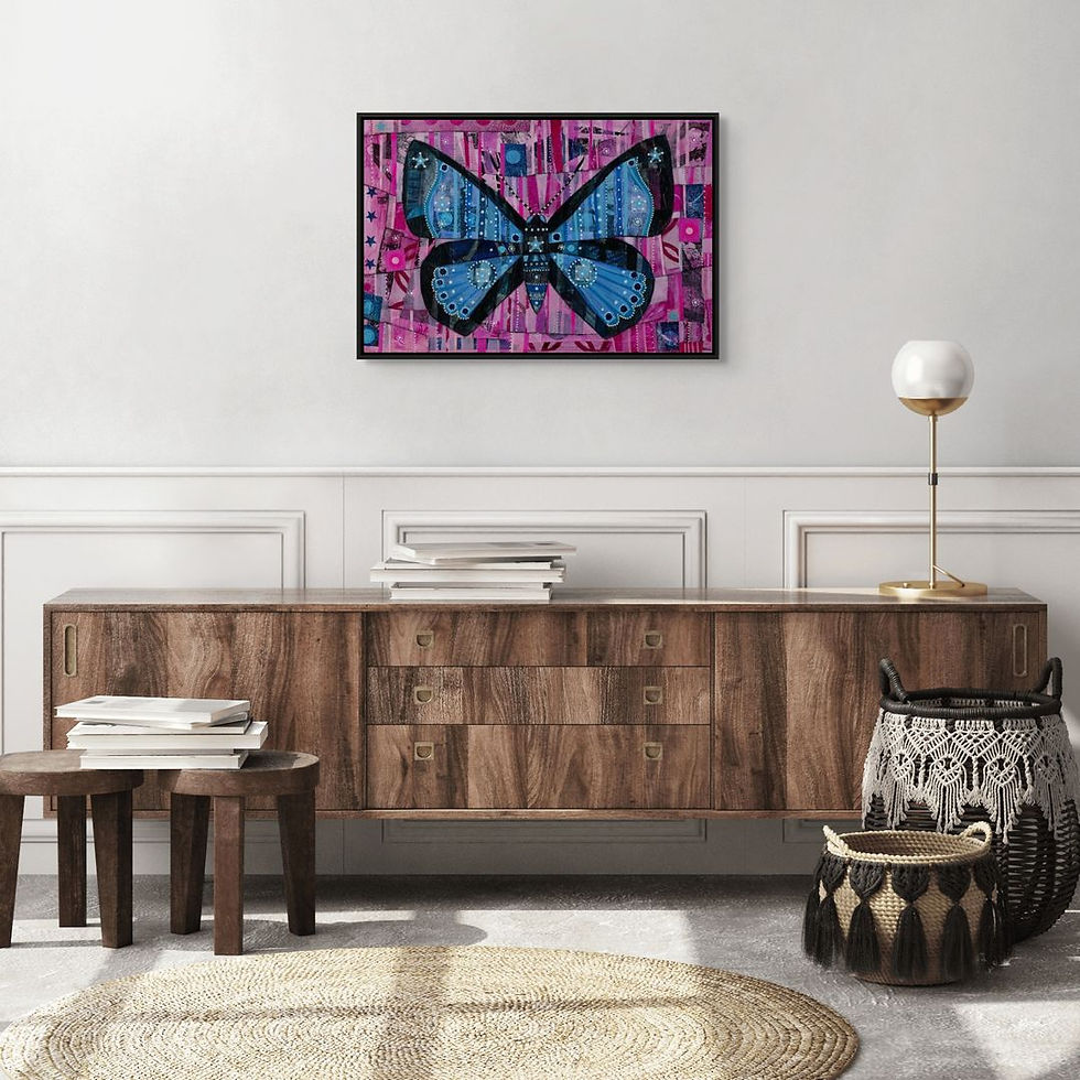 Thumbnail: abstract butterfly in blue on a pink background art print on canvas