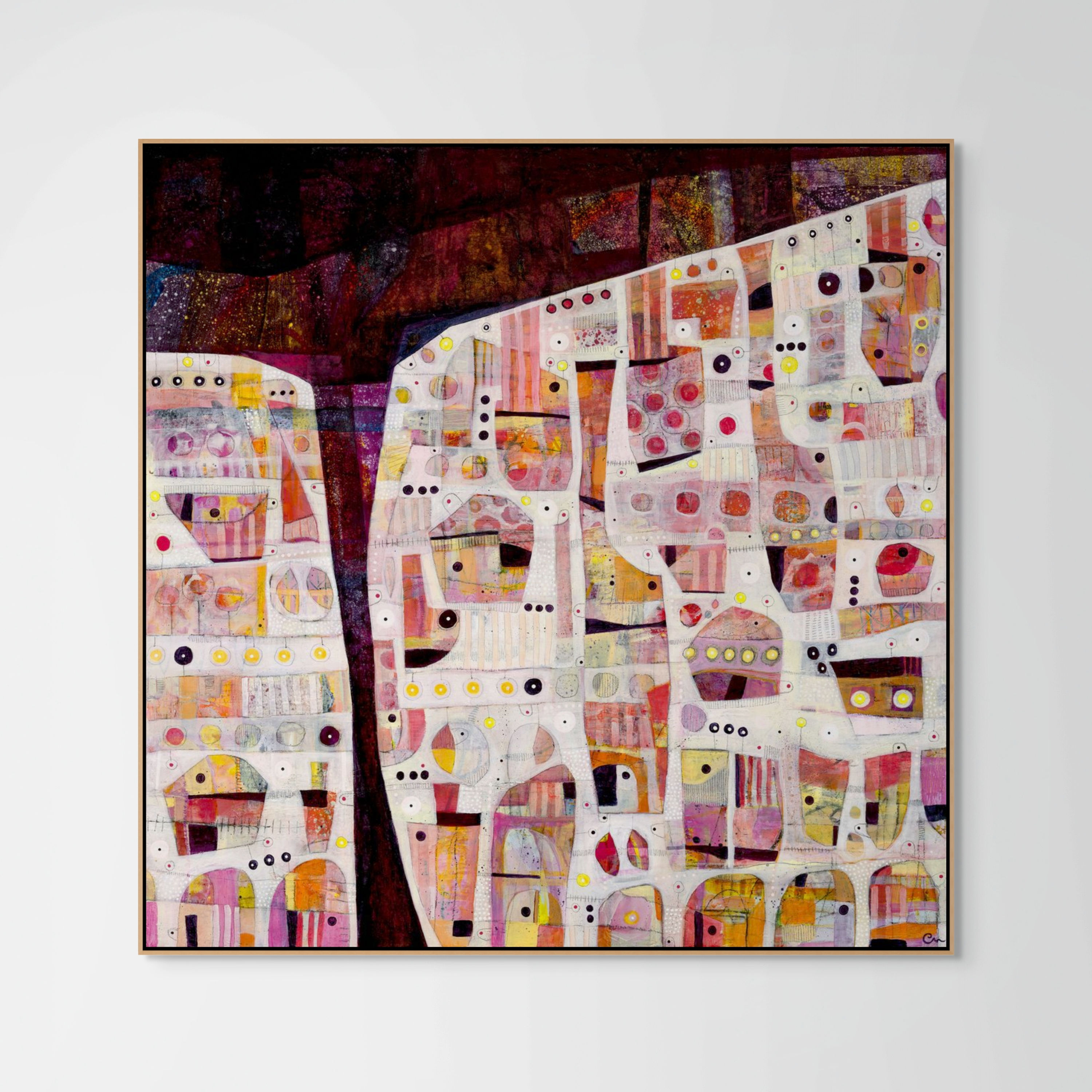 abstract cupcakes and cherries mixed media painting print on canvas framed in oak