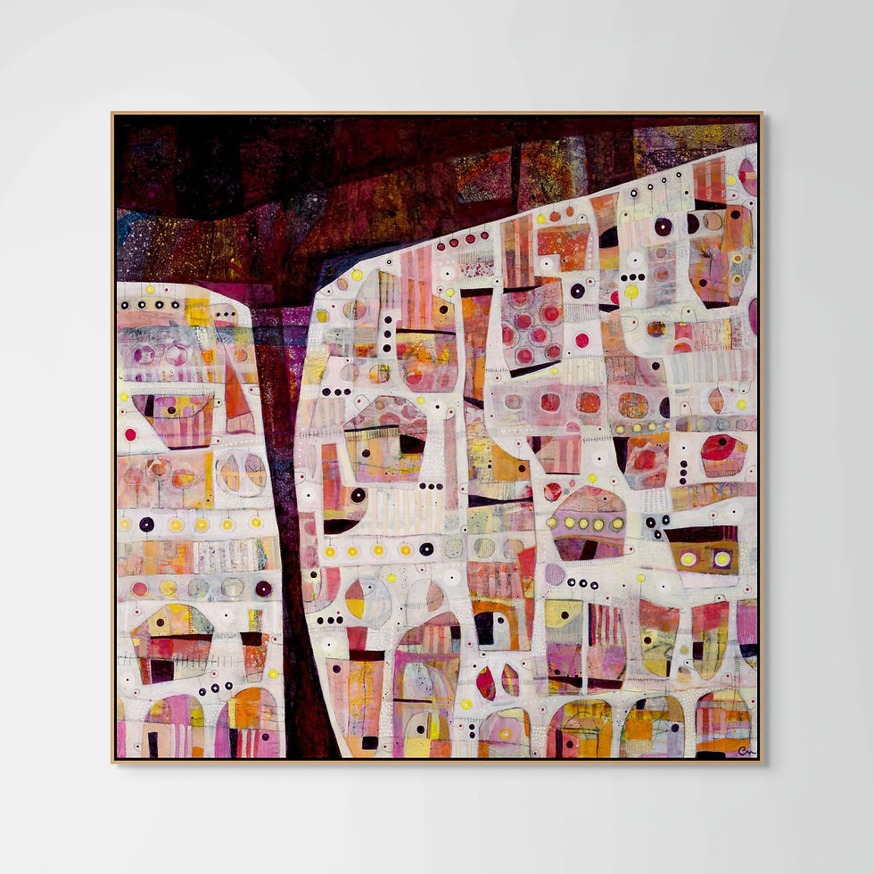 abstract cupcakes and cherries mixed media painting print on canvas framed in oak