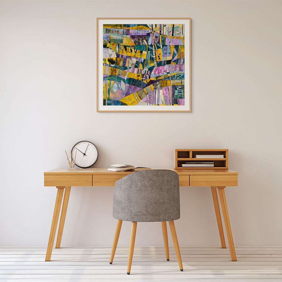 Thumbnail: abstract landscape art print on paper in yellow blue purple and beige framed in various styles in black white and oak