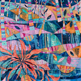 abstract orange flower collage painting on a blue background
