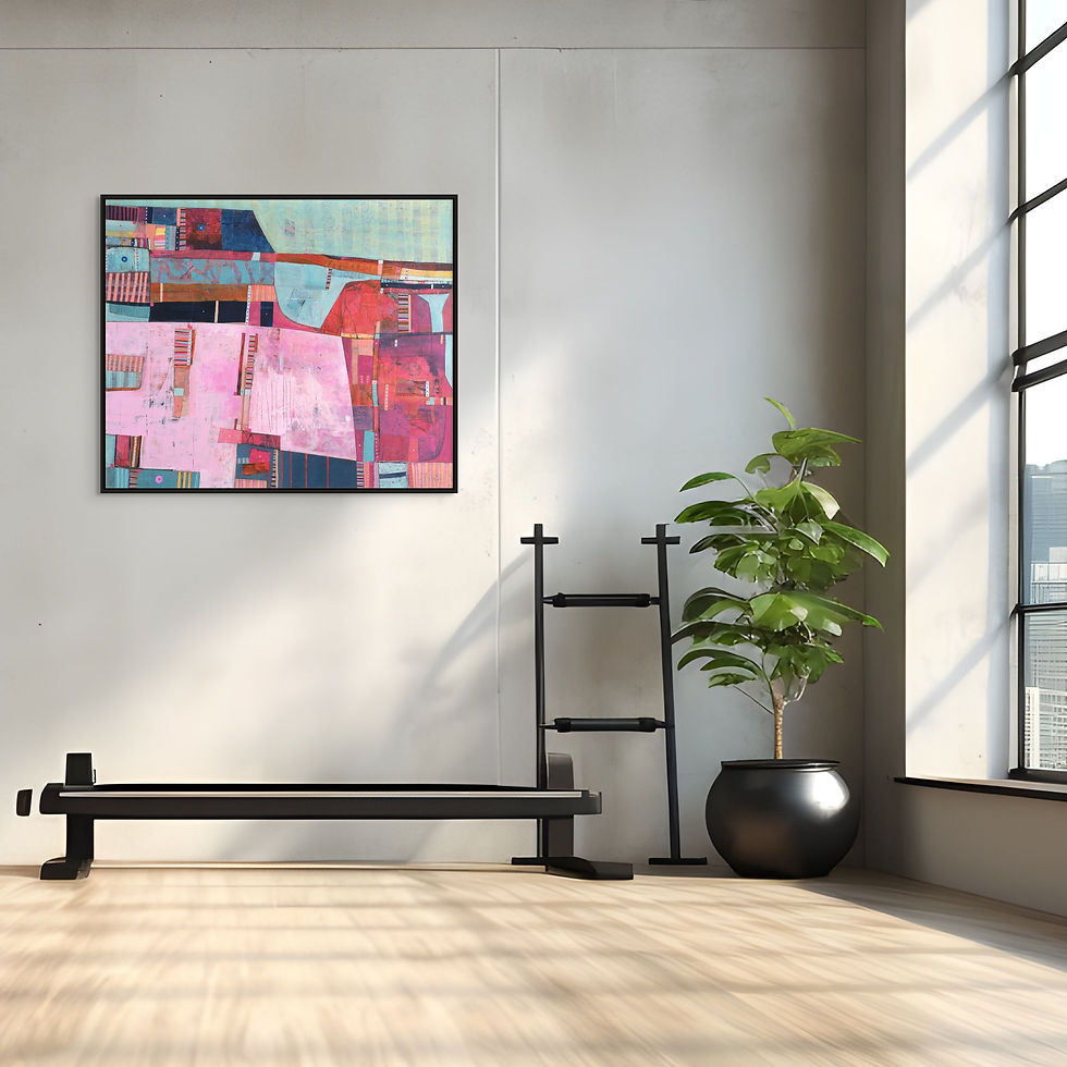 Thumbnail: abstract landscape art print on canvas in pink and blue framed in oak
