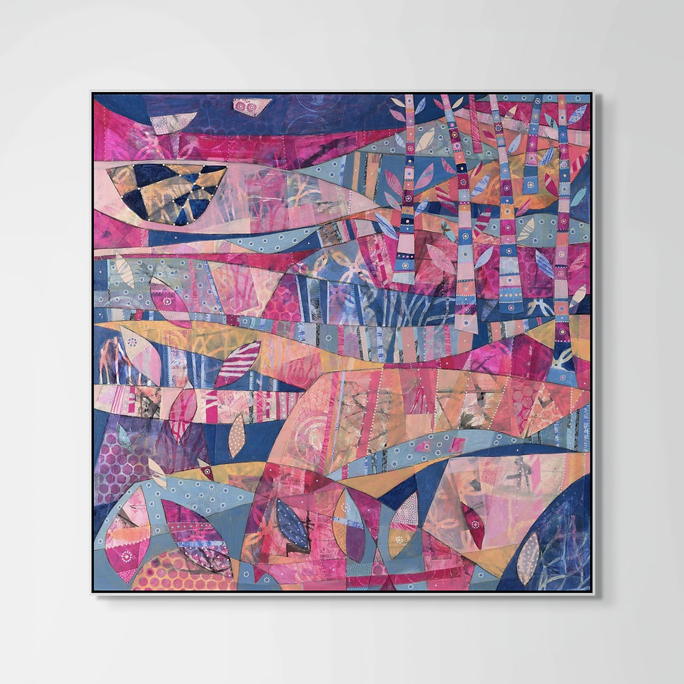 Thumbnail: abstract dreamscape landscape in pink and lilac and blue framed in oak white or black on a wall in a room