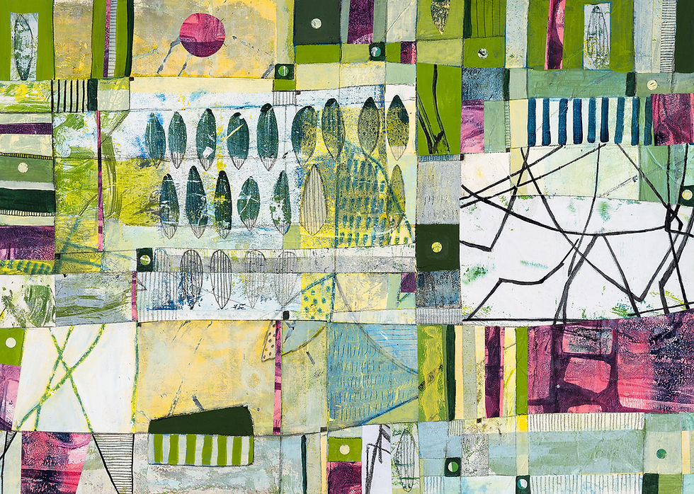 Abstract artwork with geometric patterns in green, yellow, and pink. Features leaf shapes, lines, and grid patterns on a textured background.