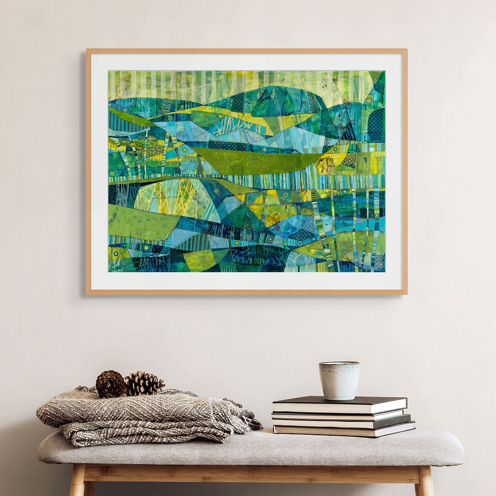 abstract landscape art print on paper green and blue shapes