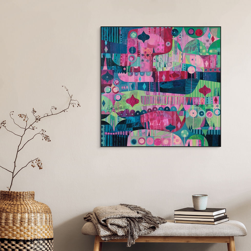 Bright abstract painting with pink, green, and blue geometric patterns on a beige wall. A minimalistic room with a basket, plant, and books.