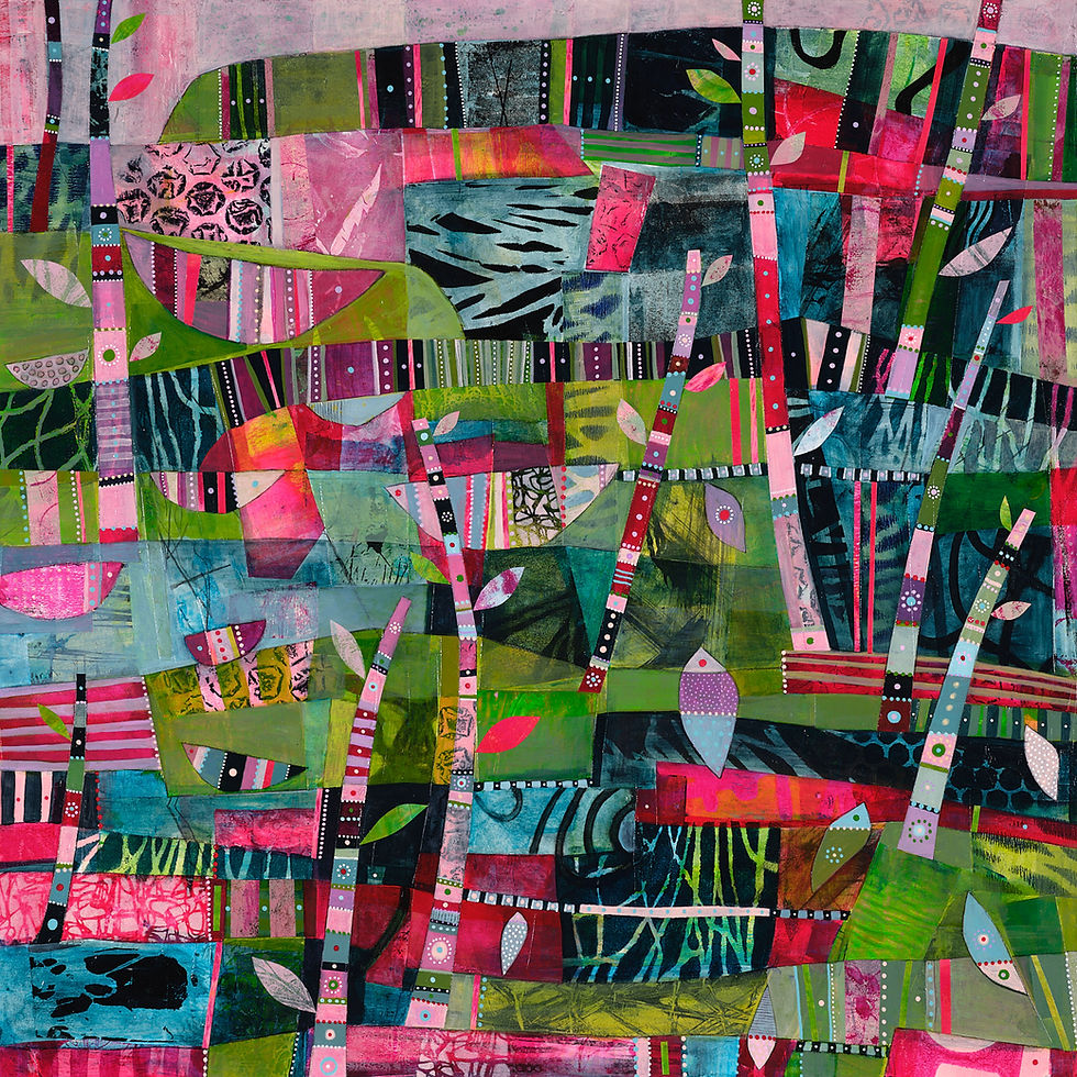 Colorful abstract collage with pink, green, and blue patterns. Striped trees with leaves decorate the scene, creating a vibrant, lively mood.