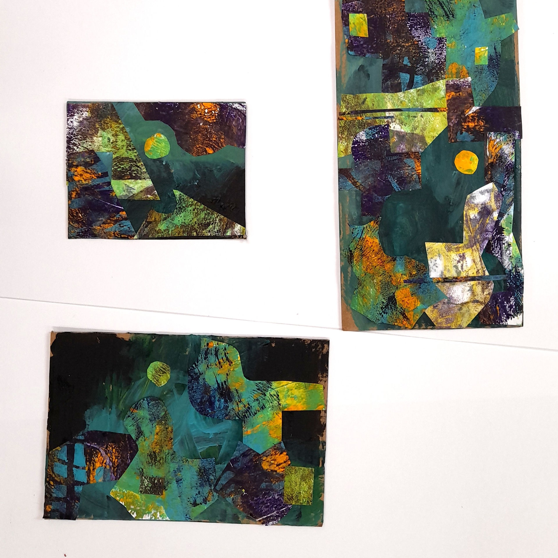3 smll abstract mixed media collages in green yellow and black