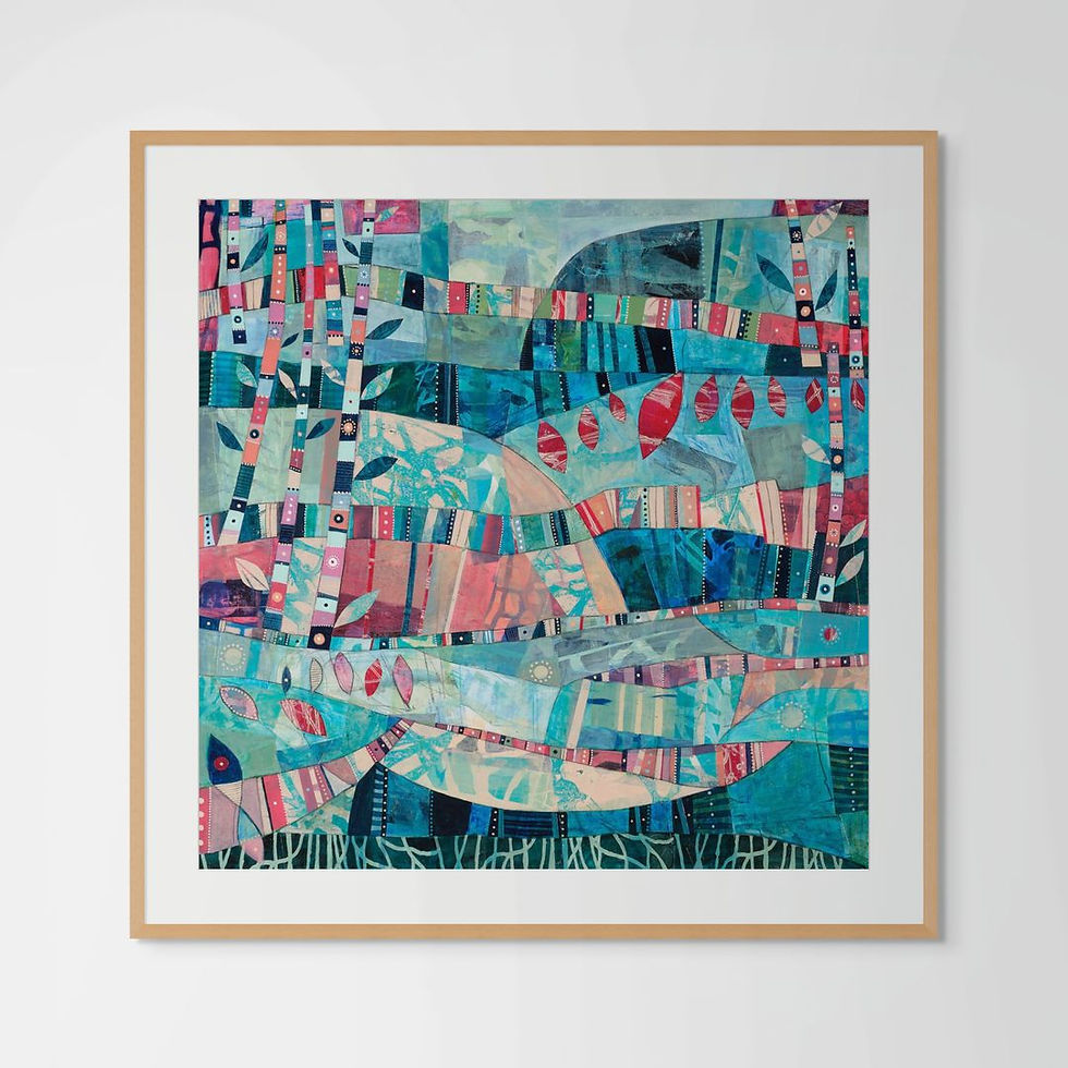 Thumbnail: abstract landscape art print on paper framed in white black and oak in room scenes