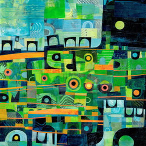Abstract landscape paper collage in green and orange