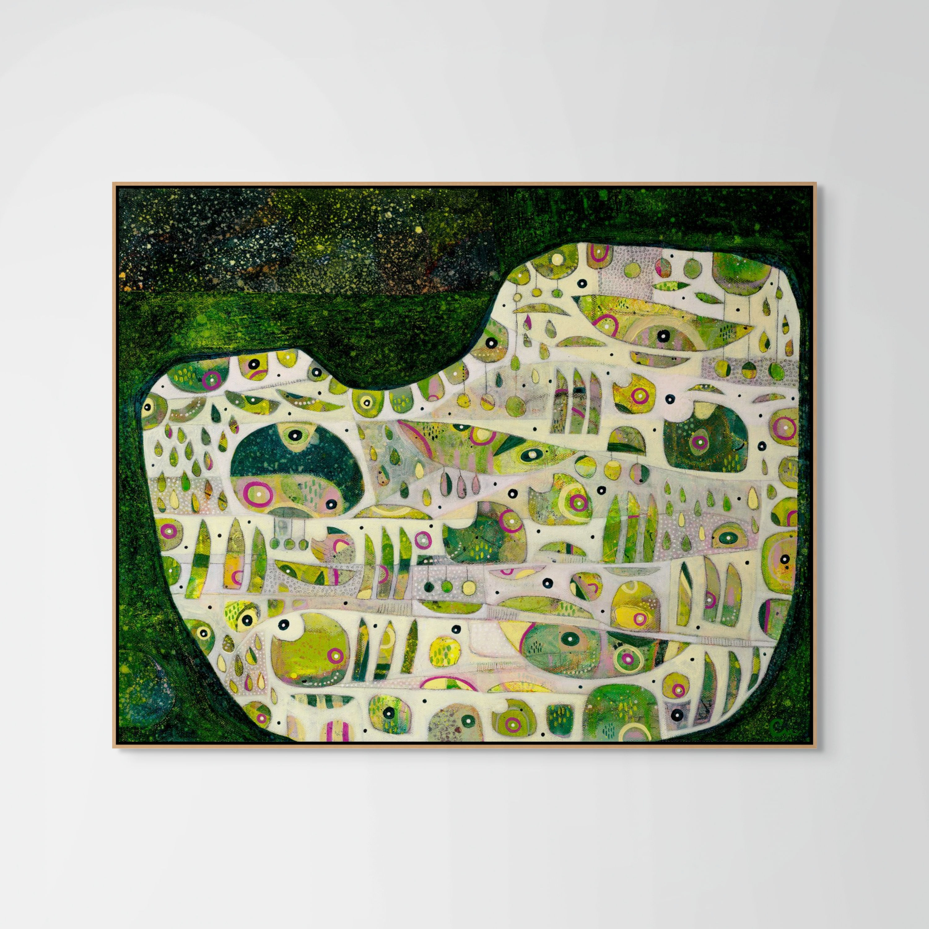 abstract shapes art print in green on canvas framed in oak