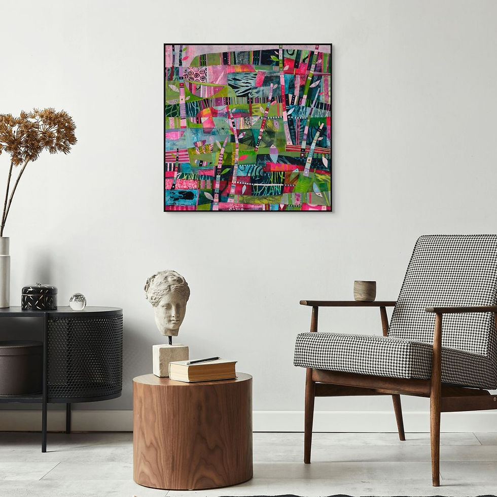 Thumbnail: abstract landscape painting in pink green an dblue in room settings with frames
