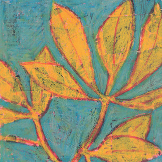 abstratc shapes leaf drawing in yellow on a blue background