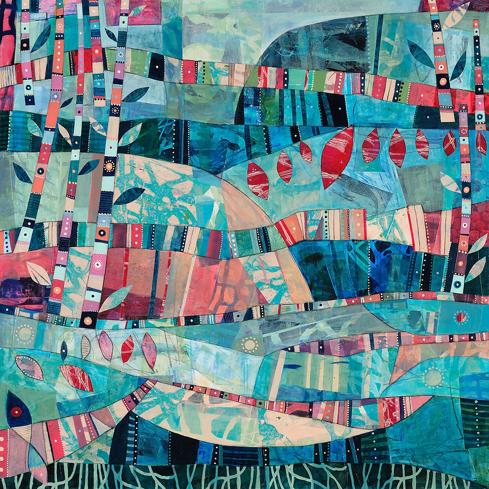 Abstract artwork with colorful patchwork of blues, reds, and greens. Features geometric patterns, stripes, dots, and leaf shapes.