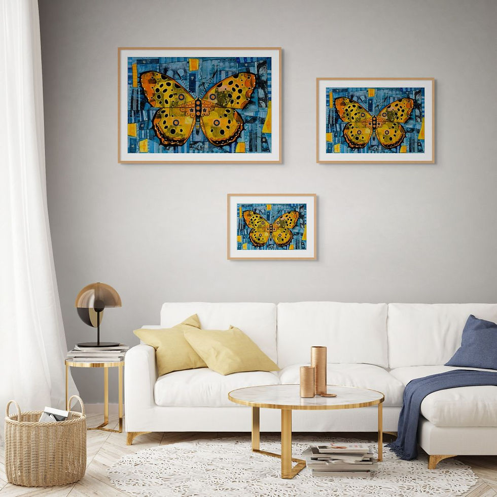 Thumbnail: abstract painted butterfly in orange and yellow on a blue background unframed art print on paper