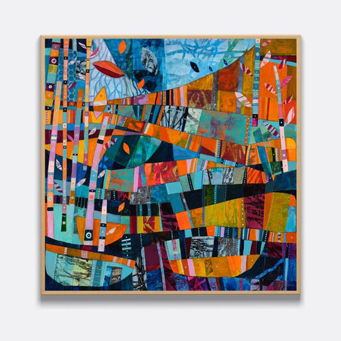 abstract landscape painting in blue and orange
