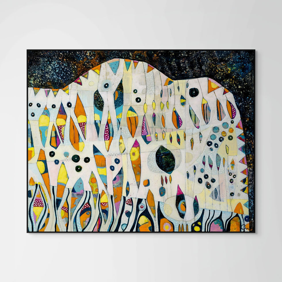 Thumbnail: abstract landscape art print on canvas in blue and white framed in oak