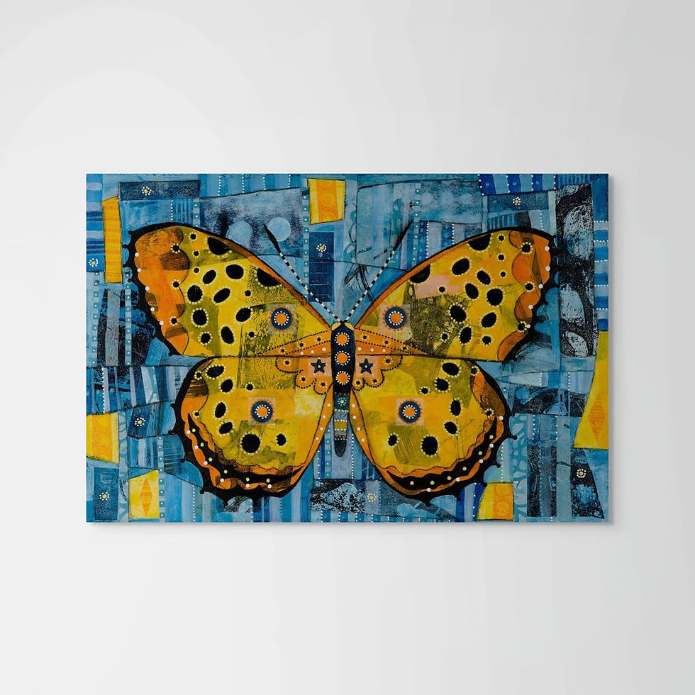 abstract butterfly painting in yellow and orange on a blue background