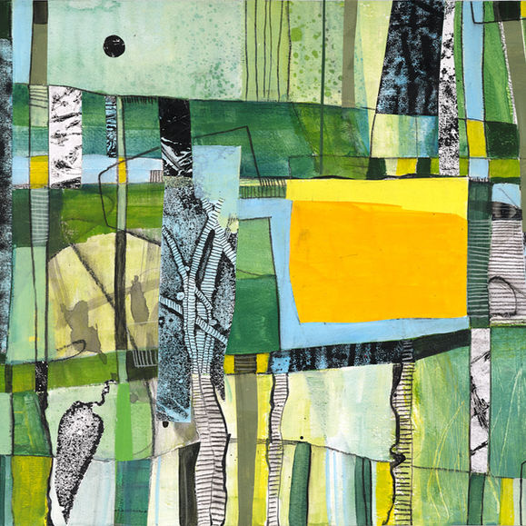 Beach Day paper collage in green yellow and blue
