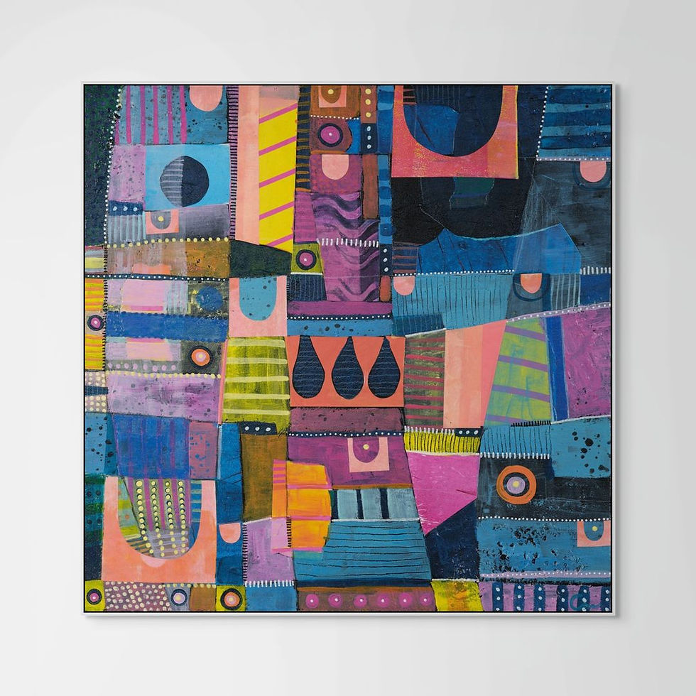 Thumbnail: abstract shapes artwork in bold vibrant colours on a dark background framed in a room scene