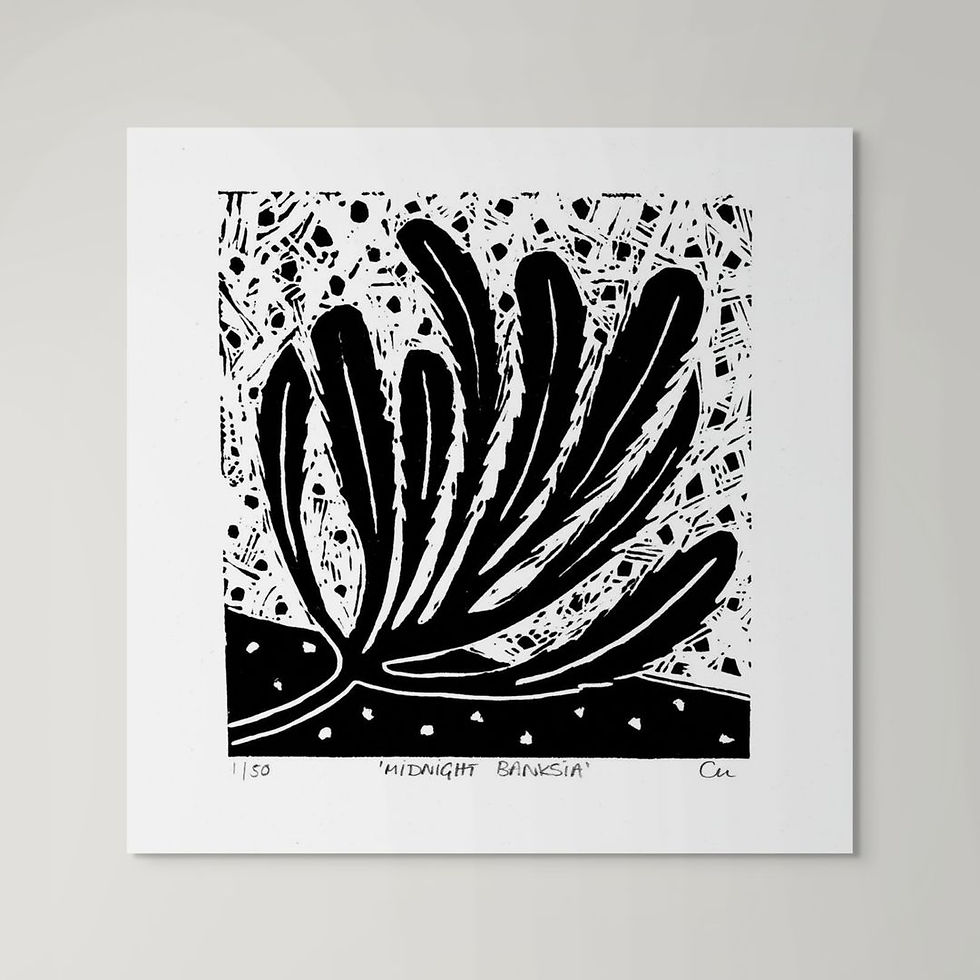 abstract botanical banksia leaf lino print in black and white
