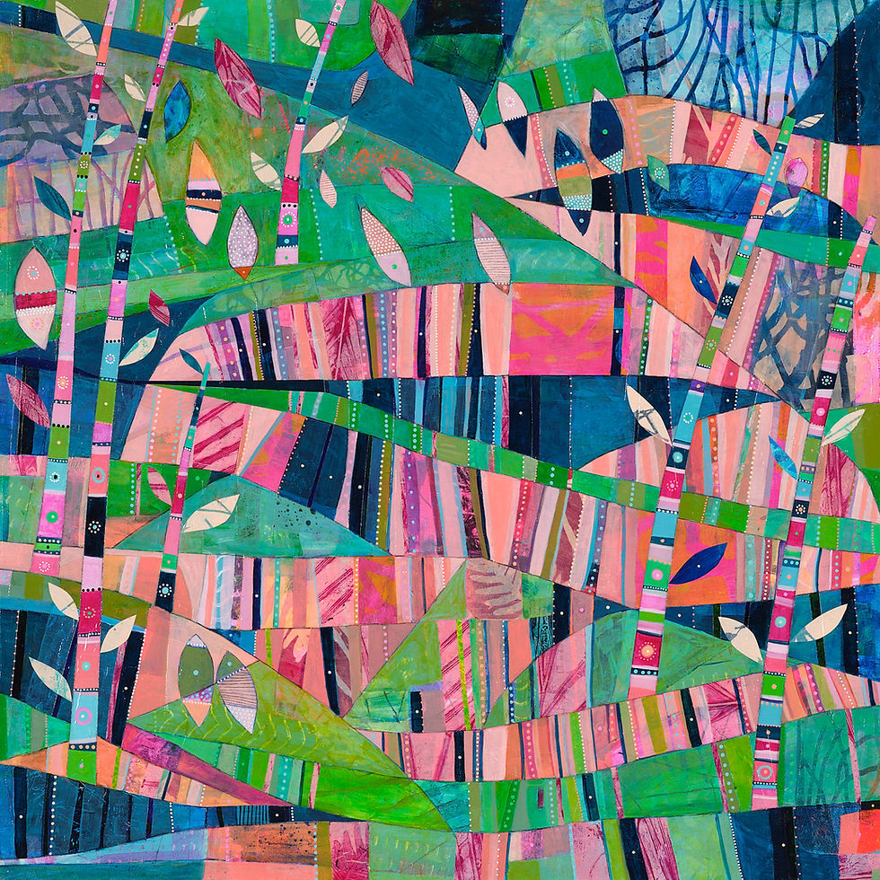 Colorful abstract collage featuring pink and green geometric shapes, stylized leaves and trees, creating a vibrant, lively forest scene.