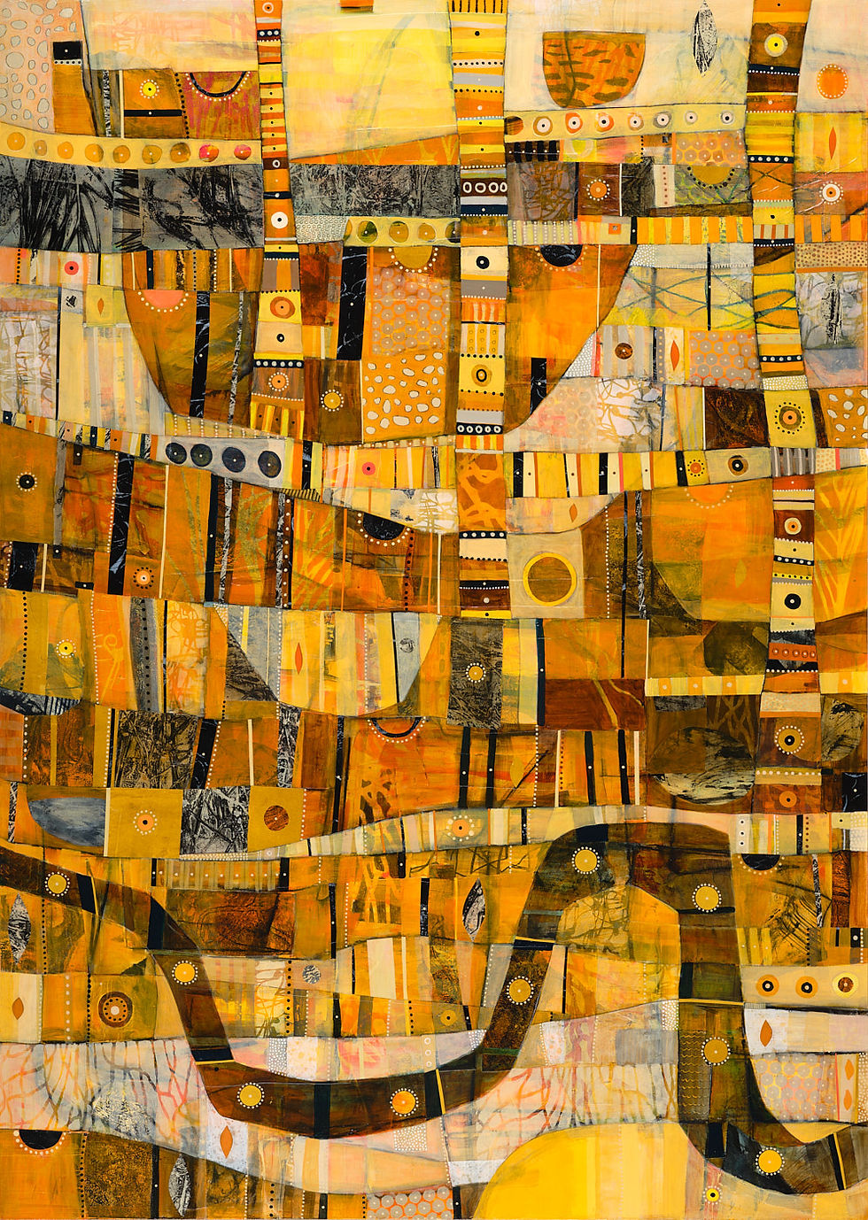 Abstract artwork with orange and yellow patchwork of rectangles, circles, and lines. Features polka dots and varied textures, evoking warmth.