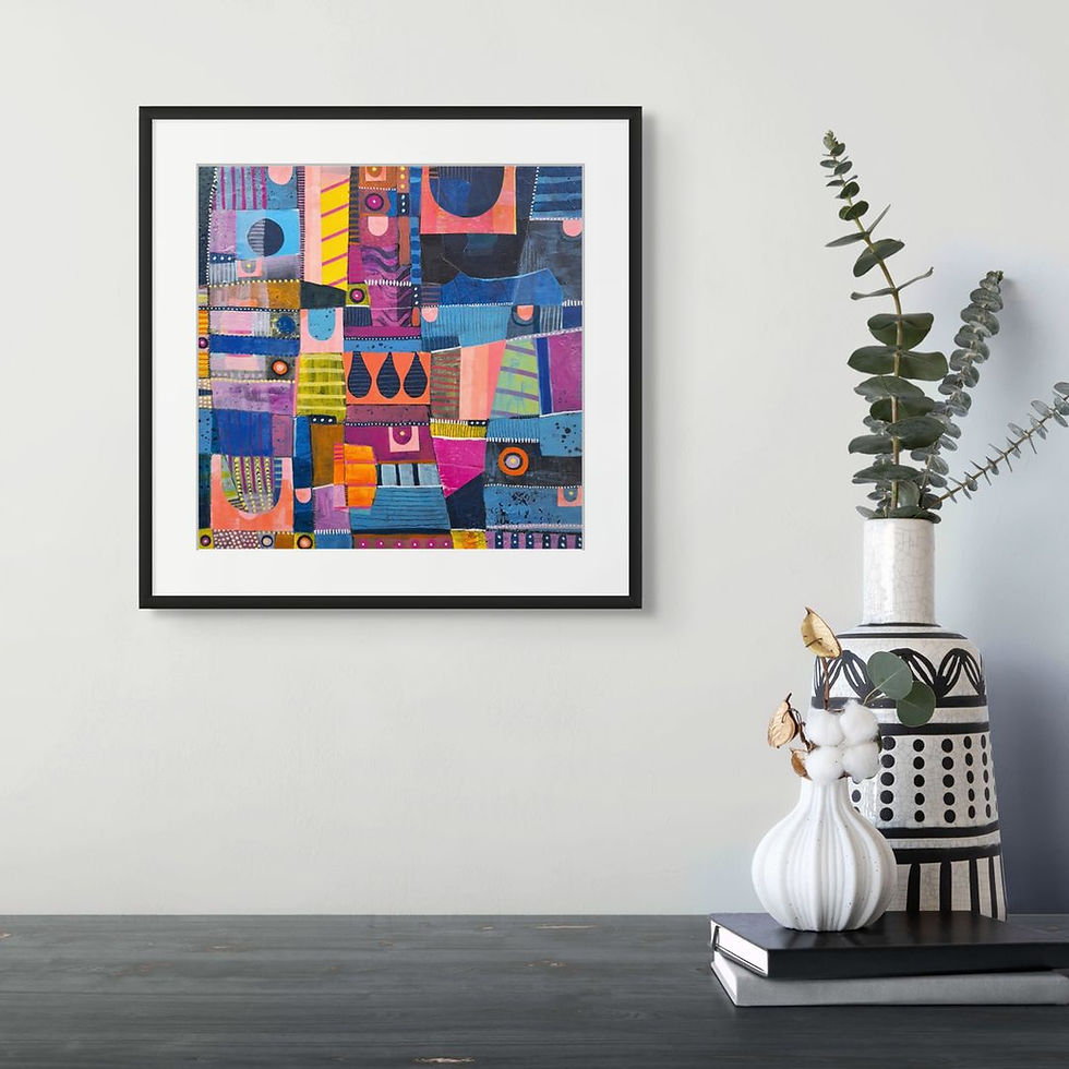 Thumbnail: abstract shapes artwork in bold colours paper framed print in a room scene