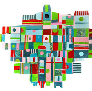 abstract collage shape decorated in red green and white