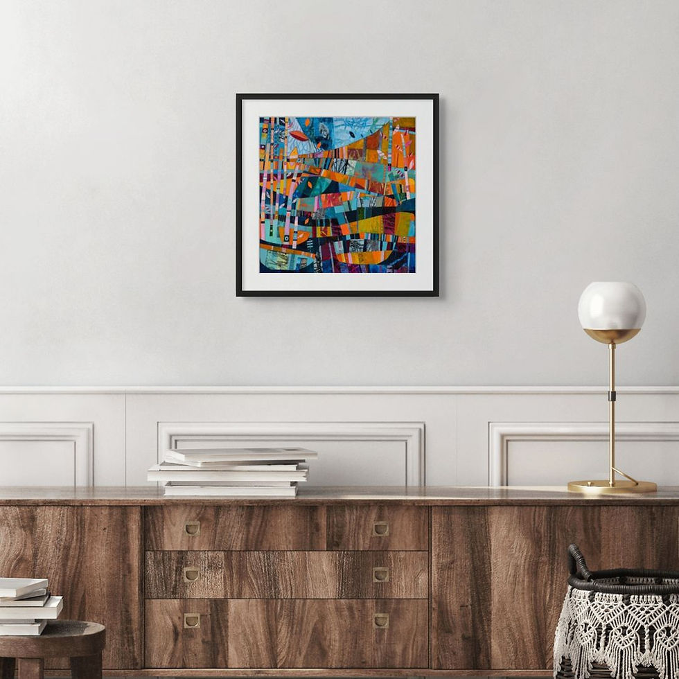 Thumbnail: abstract landscape art print on paper framed in oak black or white in room scenes