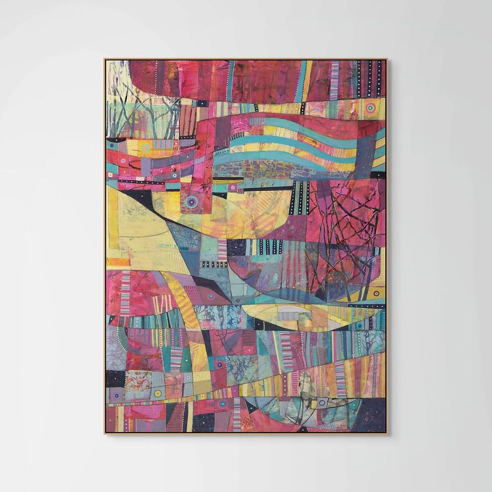 abstract landscape art print on canvas in pink yellow and blue framed in oak black or white in a room scene