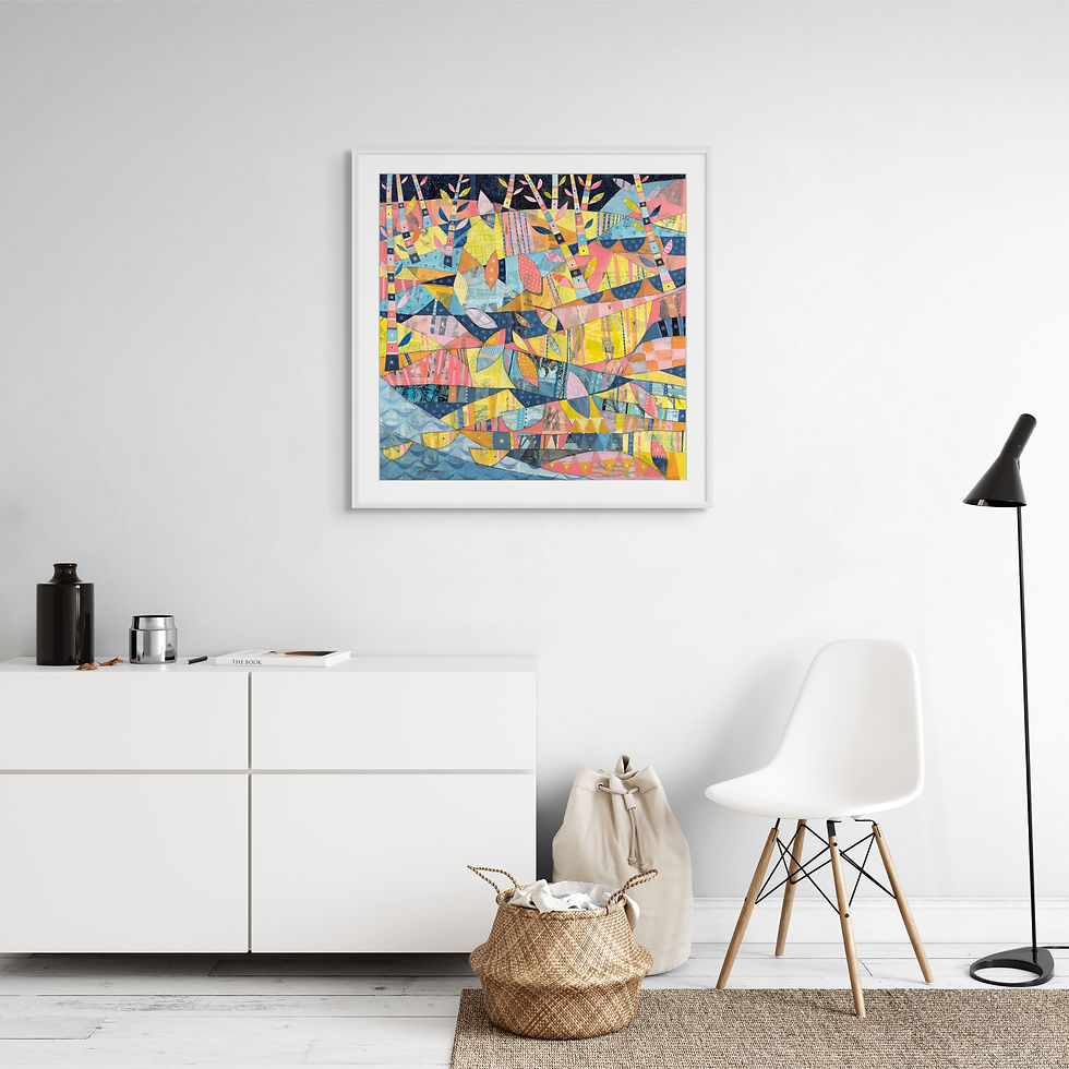 Thumbnail: Running Out abstract wall art print in yellow, pink and blue tones, evoking the restless rhythm of the ocean