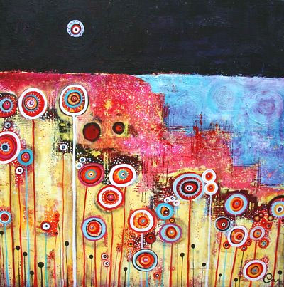 Colorful abstract painting of circular flowers against a vibrant background of red, blue, and black hues, creating a whimsical mood.