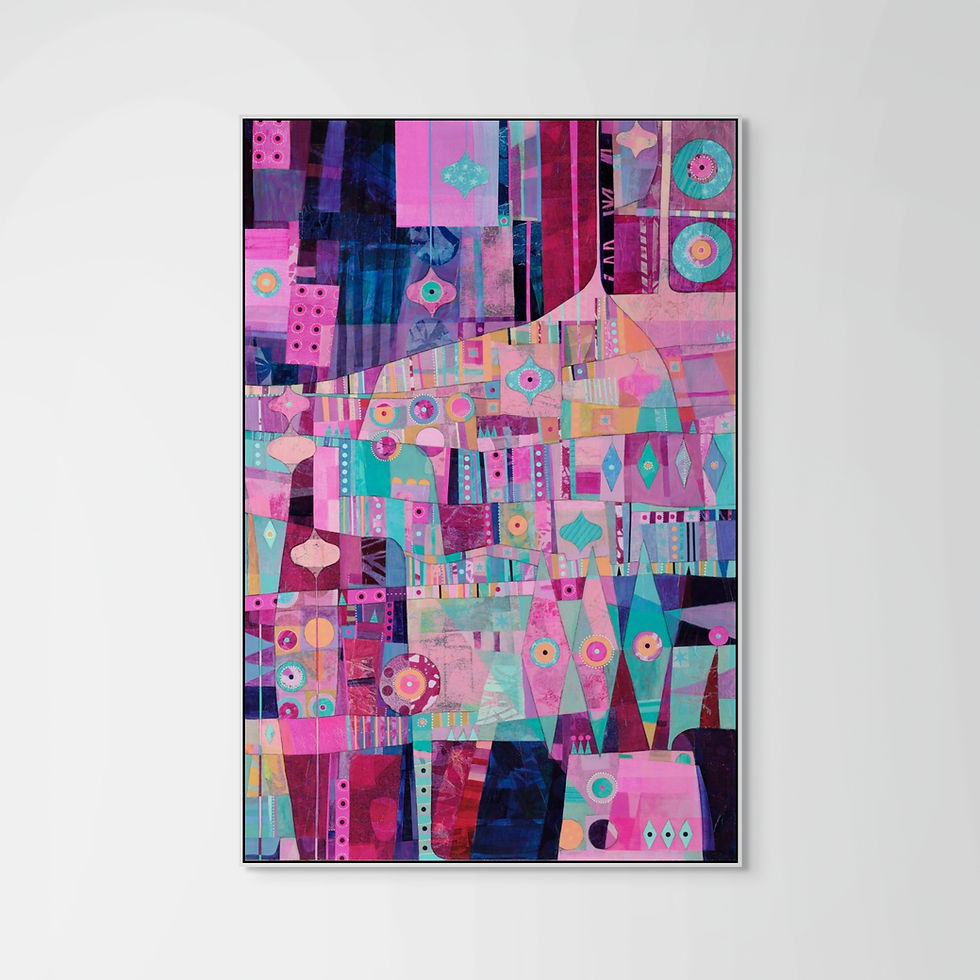 Thumbnail: abstract shapes colourful wall art in pink and purple framed in a white wall