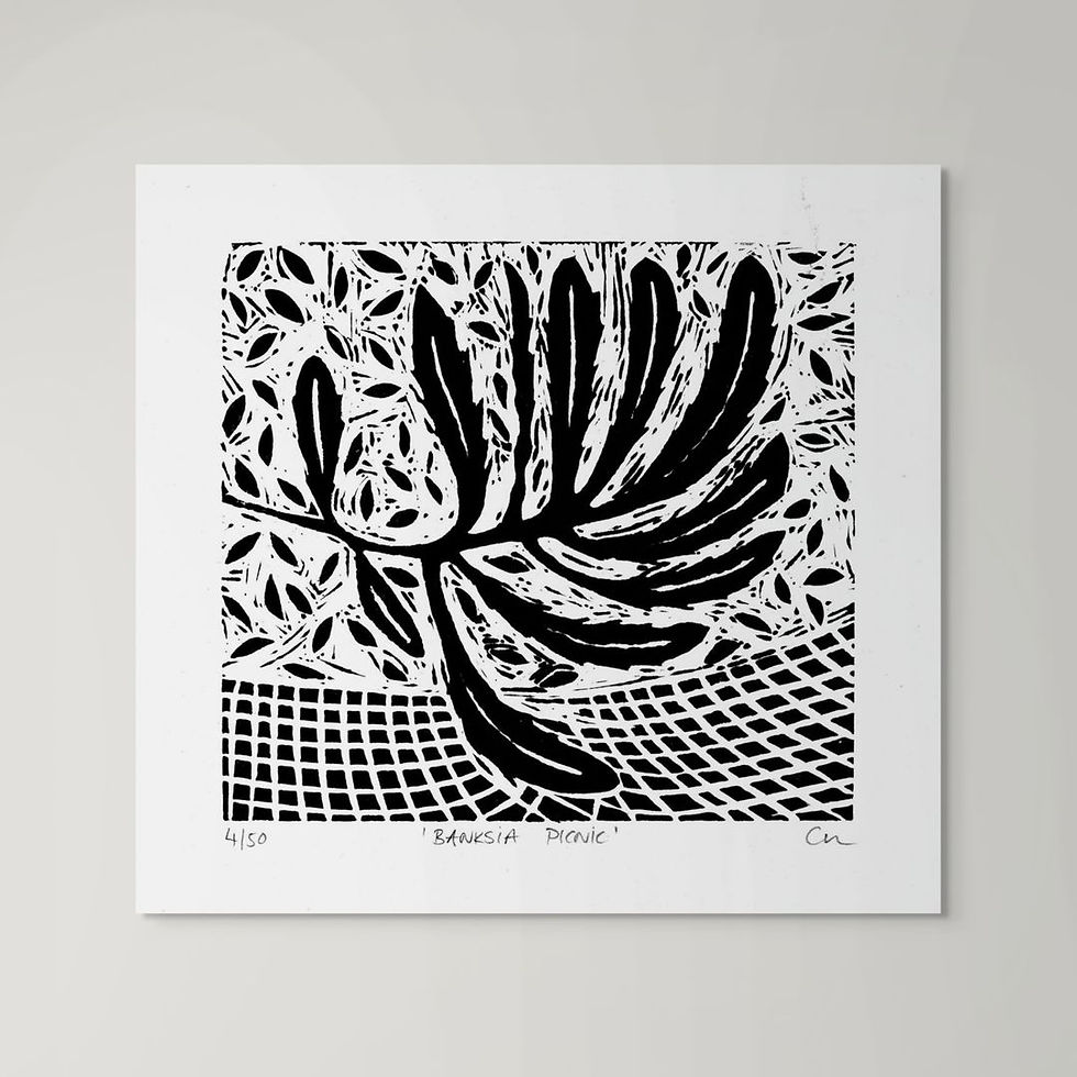 abstract botanical banksia leaf lino print in black and white