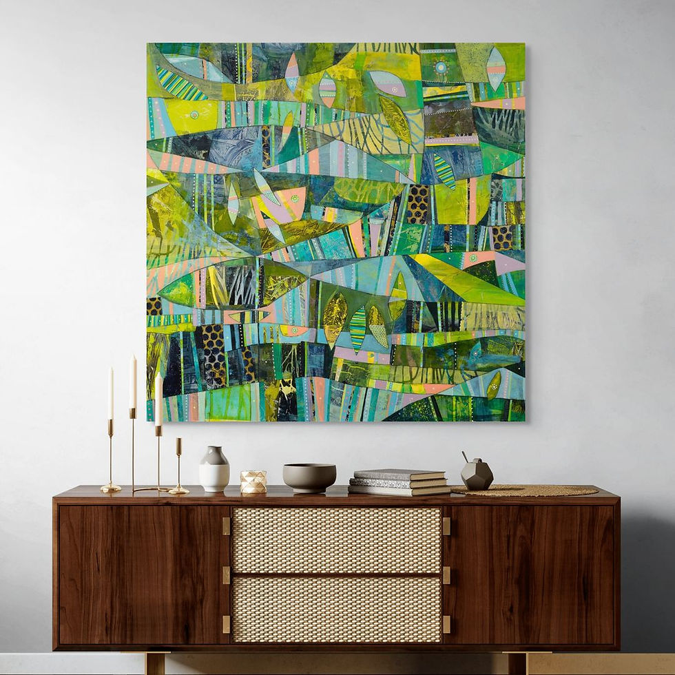 Thumbnail: abstract landscape art print on canvas in green and yellow in a room scene