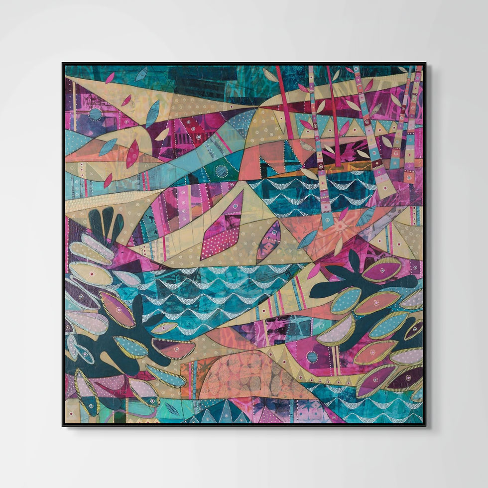 Thumbnail: Meeting Place abstract wall art print in beige, pink and blue tones, exploring the dialogue of land and sea
