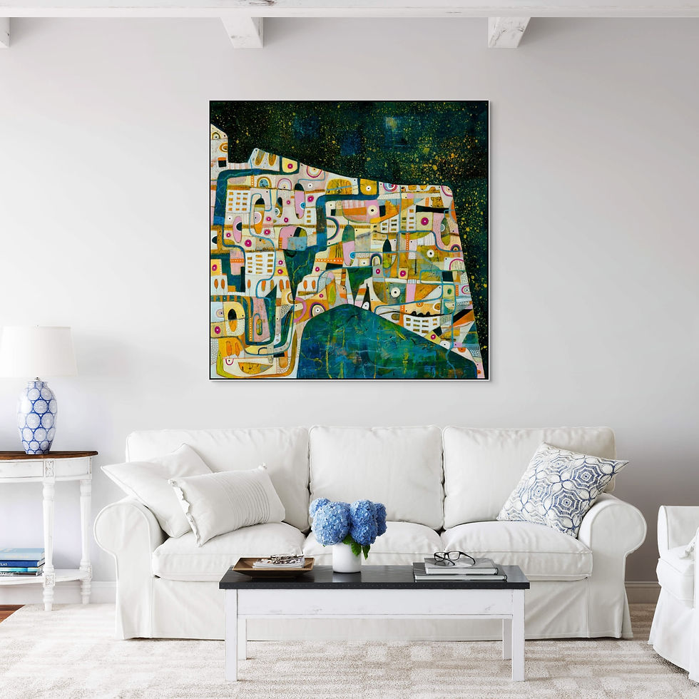 Thumbnail: abstract landscape art print on canvas in pink white orange and blue framed in oak