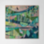 abstract landscape mixed media painting in pink green and blue
