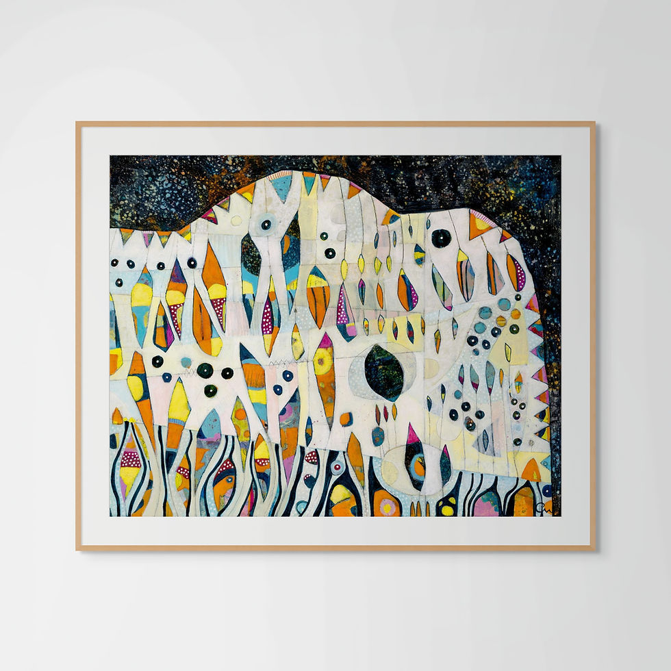 Thumbnail: abstract shapes art print on paper decorated with leaf shapes in blue white and orange unframed