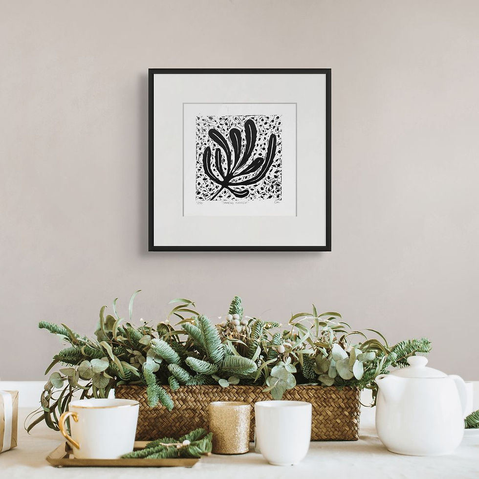 abstract botanical banksia leaf lino print in black and white