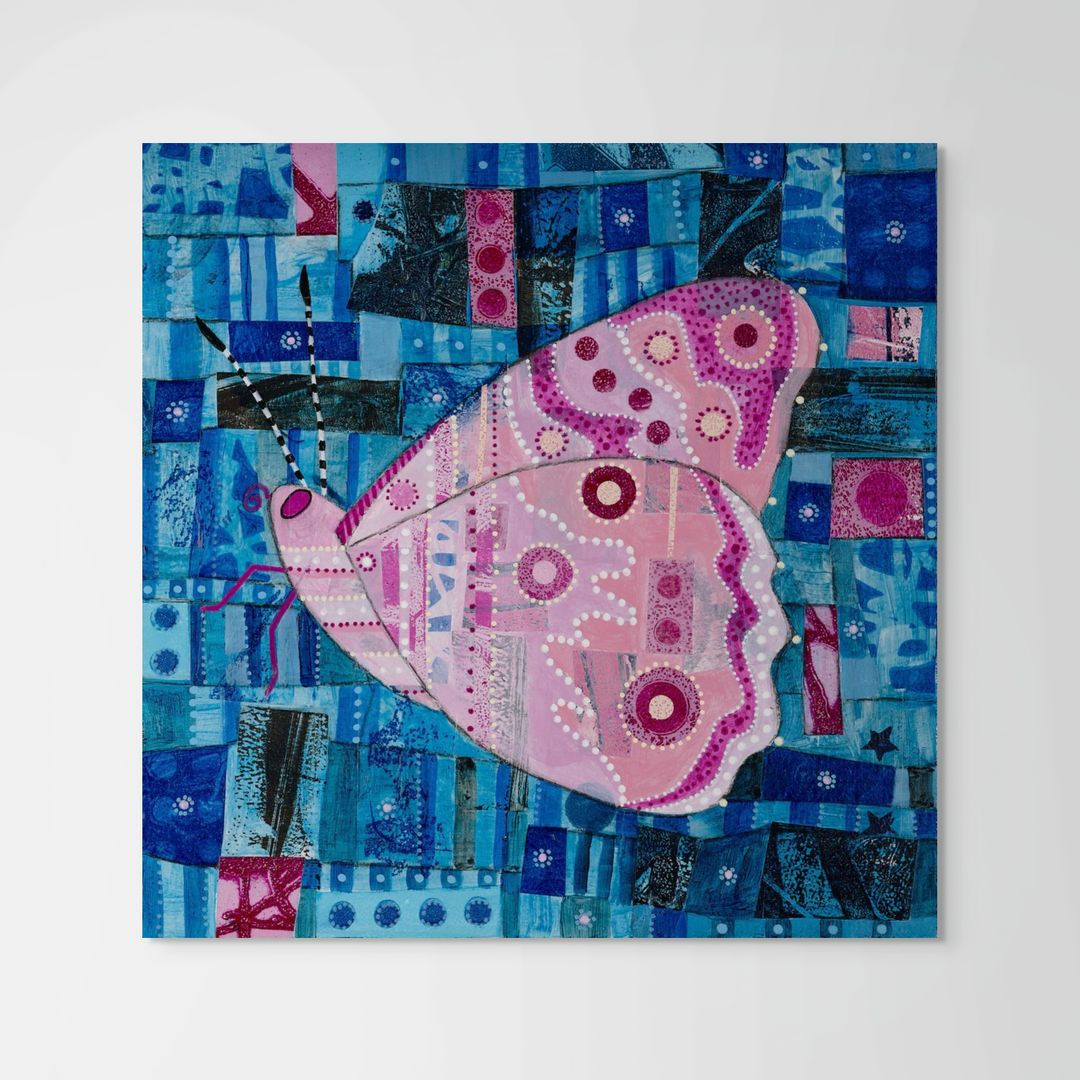 abstract butterfly painting in pink on a blue background