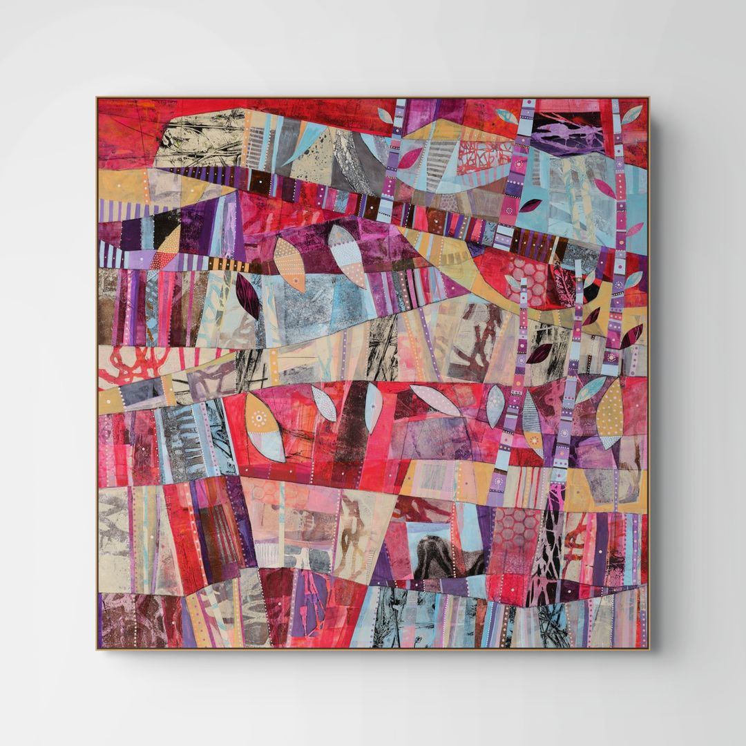 Sundown abstract wall art in layered reds, mauve and teal, evoking the deepening sky and quiet notions of closure