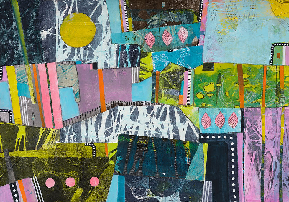 Abstract collage with colorful geometric shapes, featuring patterns and textures in blue, pink, green, and yellow. No visible text.