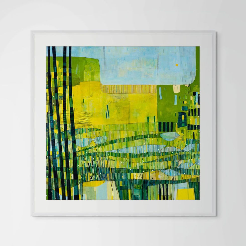 Thumbnail: abstract landscape artwork in blue yellow and green framed in room scenes