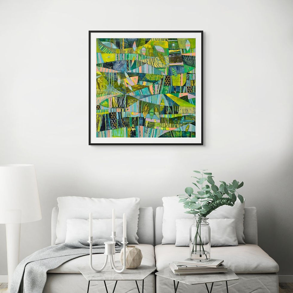 Thumbnail: abstract shapes artwork print in green and yellow on paper framed in various styles in room scenes