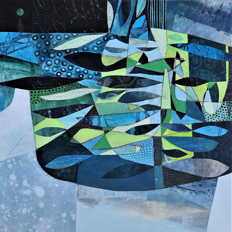 Abstract artwork with blue, green, and black geometric shapes. Curved patterns and dotted textures create a dynamic, aquatic feel.