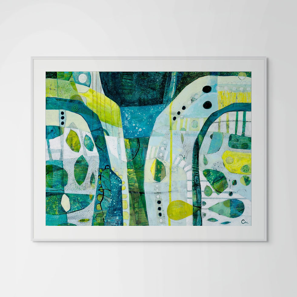 Thumbnail: abstract shapes art print on paper in green and blue