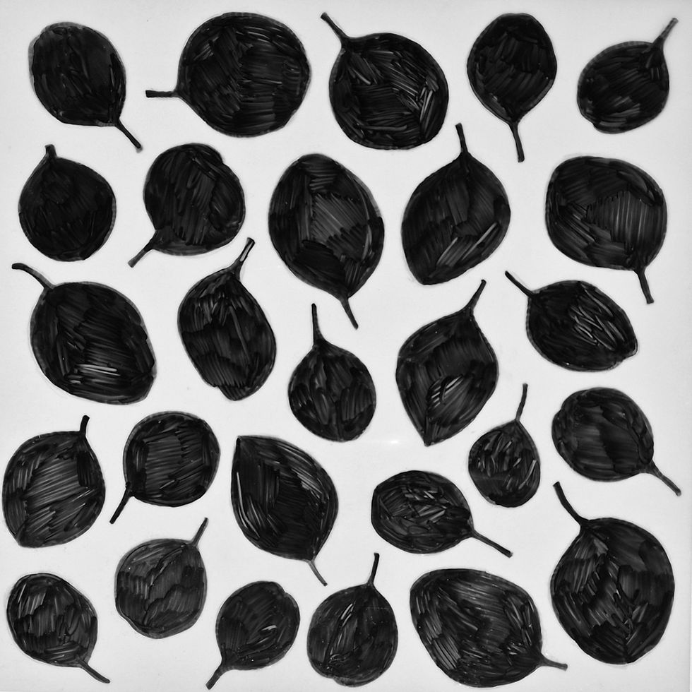 Black leaves pattern on white background, arranged randomly. The leaves vary in size, creating a stark contrast and modern feel.