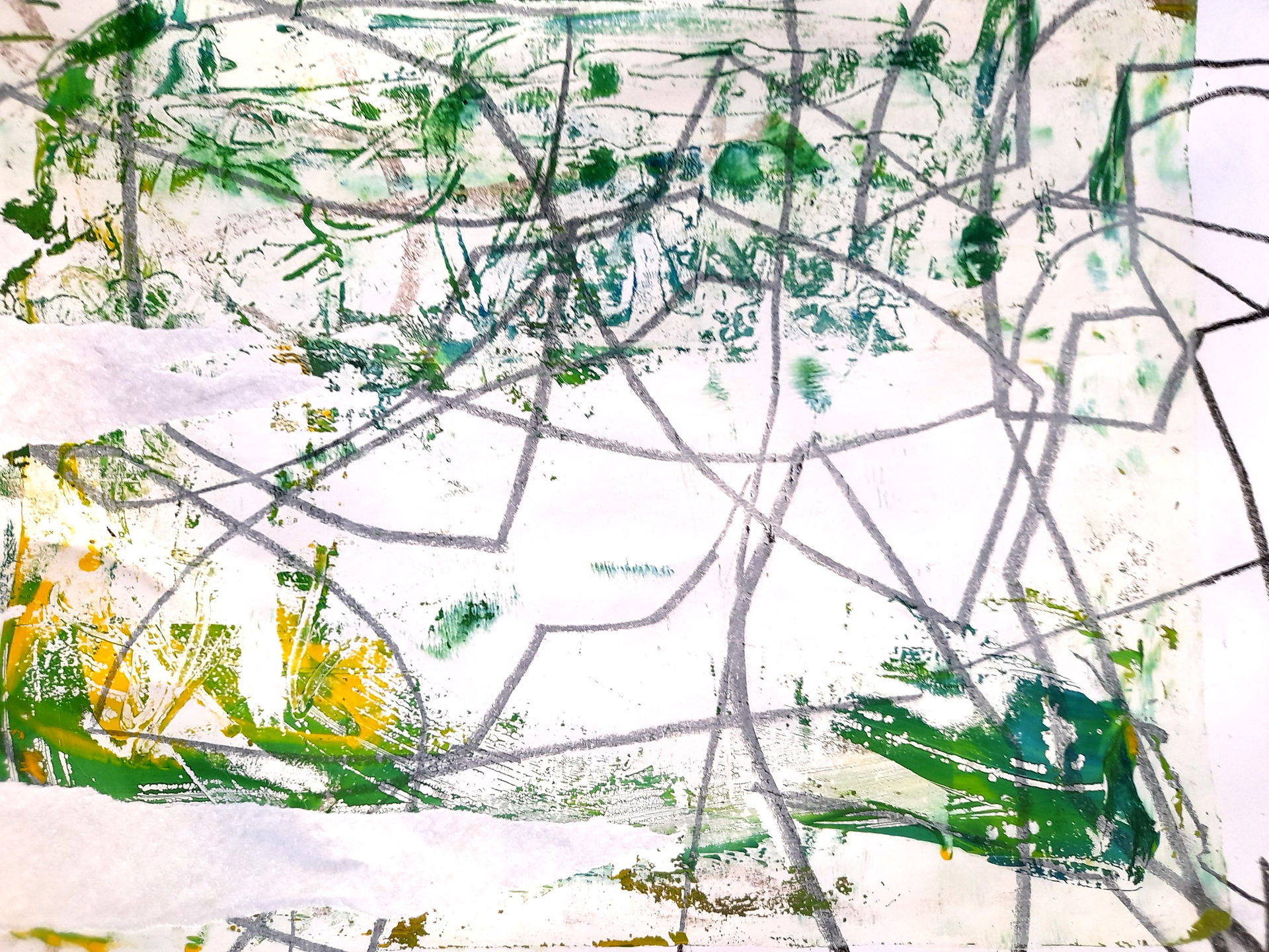 random printed paper with lines and paint in green yellow and blue